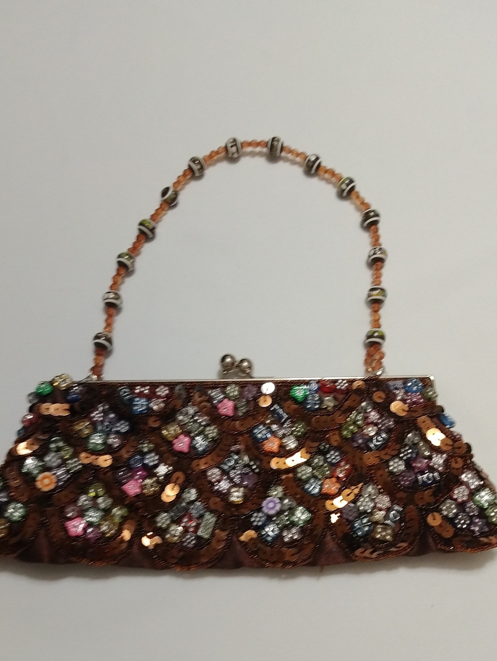 Handcrafted Brown Sequin Floral Evening Clutch